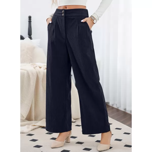 imageSidefeel Corduroy Pants for Women 2024 Casual High Waisted Double Buttoned Stretchy Loose Fit Wide Leg Pants with PocketsNavy Blue