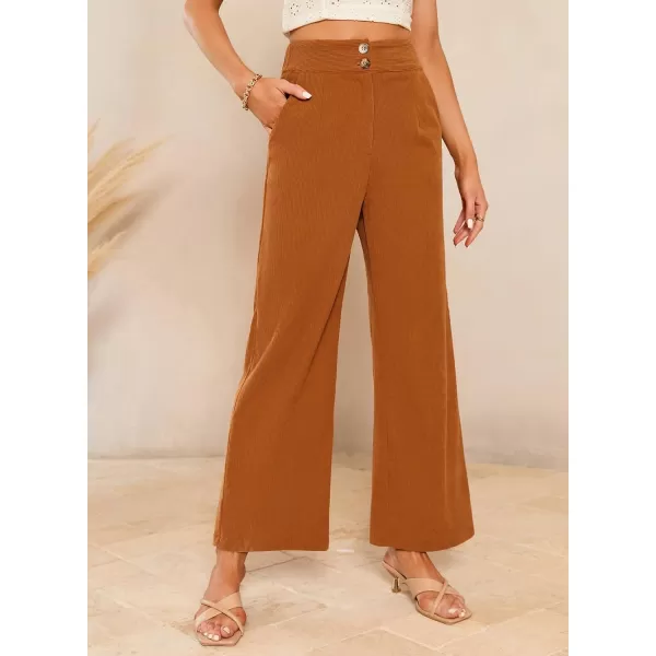 imageSidefeel Corduroy Pants for Women 2024 Casual High Waisted Double Buttoned Stretchy Loose Fit Wide Leg Pants with PocketsOrange