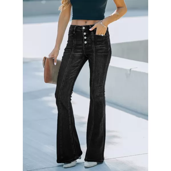 imageSidefeel Womens High Waisted Jeans Wide Leg Button Fly Bell Bottoms Flared Denim PantsAblack