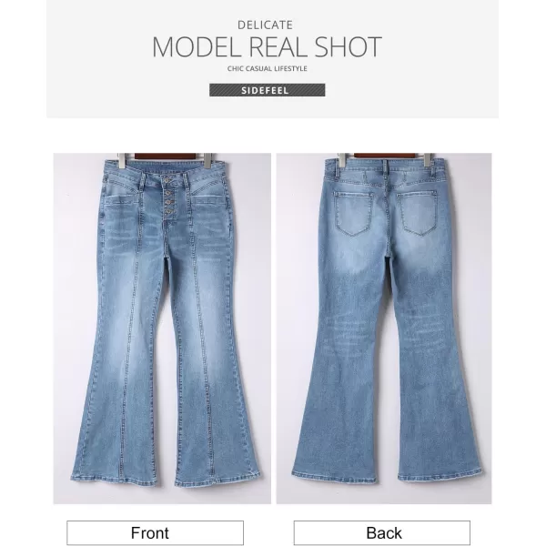 imageSidefeel Womens High Waisted Jeans Wide Leg Button Fly Bell Bottoms Flared Denim PantsIceland Blue