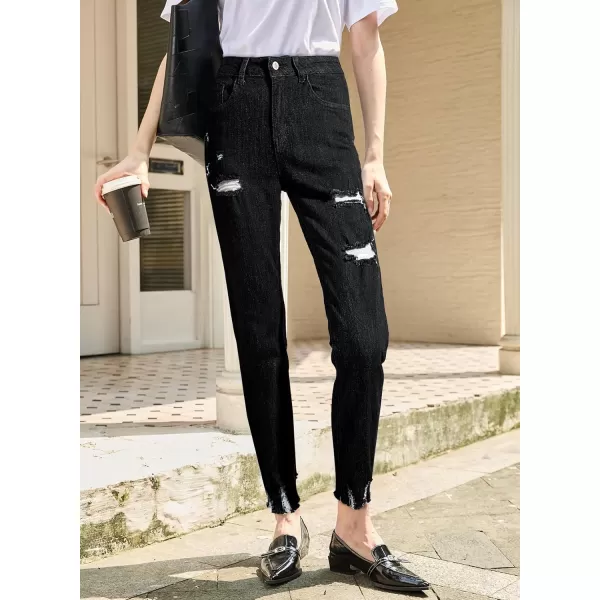 imageSidefeel Womens Straight Leg Jeans Ripped Casual Loose Distressed Boyfriend Denim PantsBlack