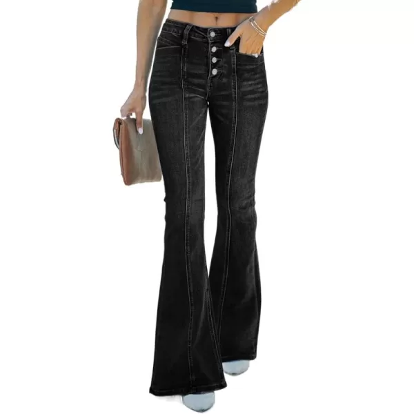 imageSidefeel Womens High Waisted Jeans Wide Leg Button Fly Bell Bottoms Flared Denim PantsAblack