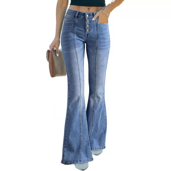 imageSidefeel Womens High Waisted Jeans Wide Leg Button Fly Bell Bottoms Flared Denim PantsIceland Blue