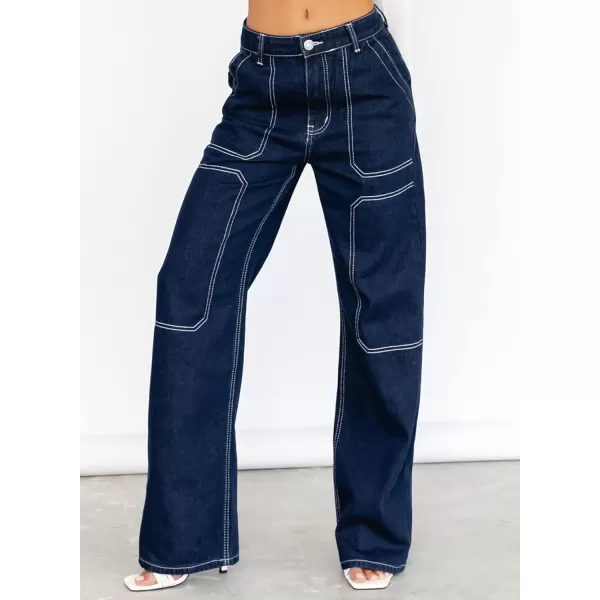 imageSidefeel Womens Cargo Jeans Casual Loose Mid Rise Wide Leg Denim PantsBlue