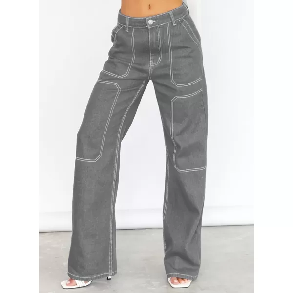 imageSidefeel Womens Cargo Jeans Casual Loose Mid Rise Wide Leg Denim PantsGray