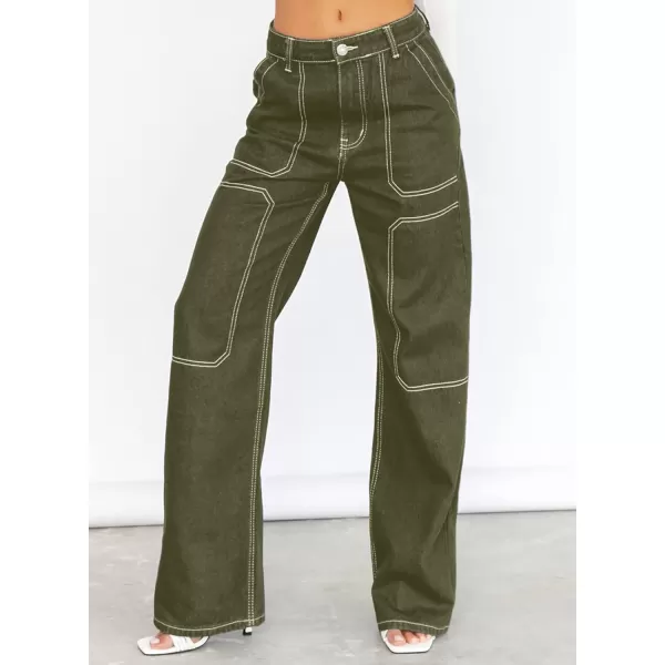 imageSidefeel Womens Cargo Jeans Casual Loose Mid Rise Wide Leg Denim PantsGreen