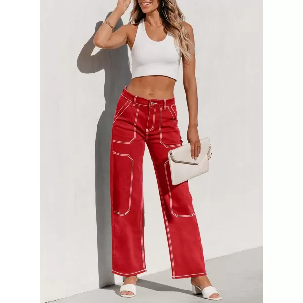 imageSidefeel Womens Cargo Jeans Casual Loose Mid Rise Wide Leg Denim PantsRed