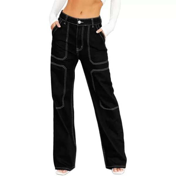 imageSidefeel Womens Cargo Jeans Casual Loose Mid Rise Wide Leg Denim PantsBlack