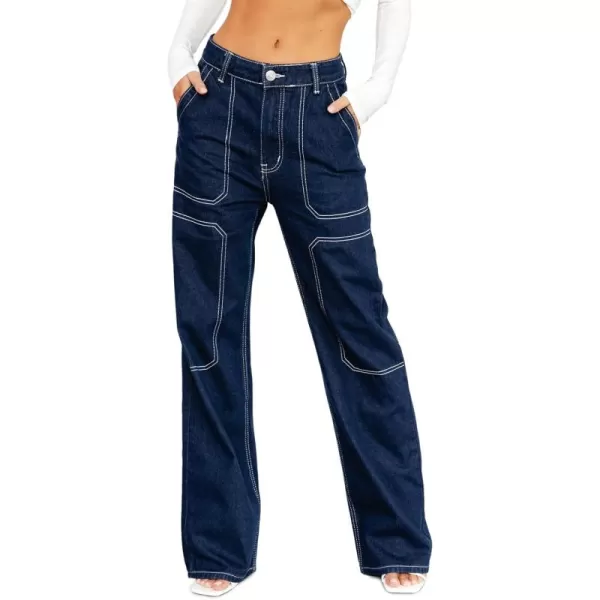 imageSidefeel Womens Cargo Jeans Casual Loose Mid Rise Wide Leg Denim PantsBlue