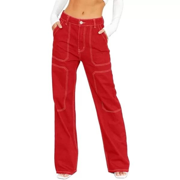 imageSidefeel Womens Cargo Jeans Casual Loose Mid Rise Wide Leg Denim PantsRed