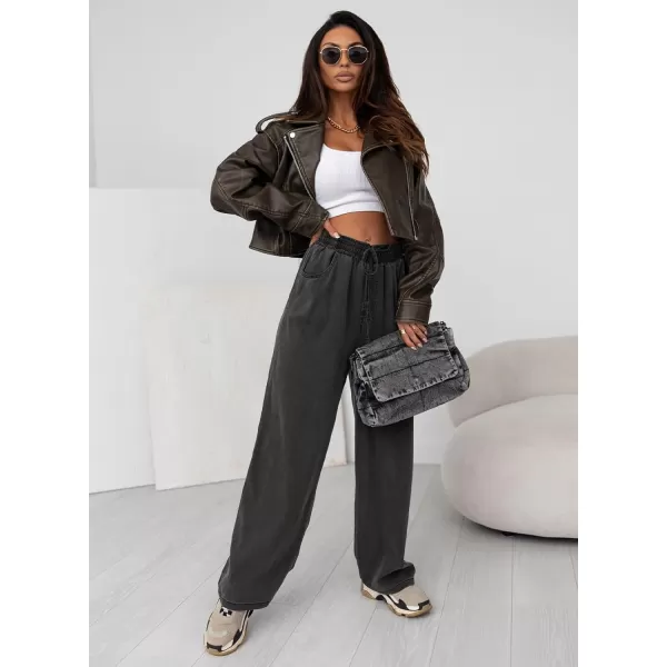 imageSidefeel Womens Drawstring Wide Leg Jeans High Waisted Loose Fit Denim PantsBlack