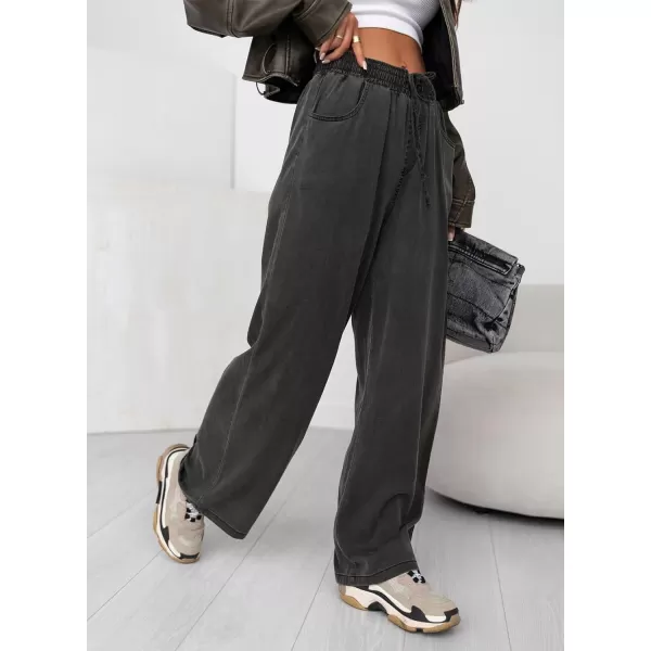imageSidefeel Womens Drawstring Wide Leg Jeans High Waisted Loose Fit Denim PantsBlack