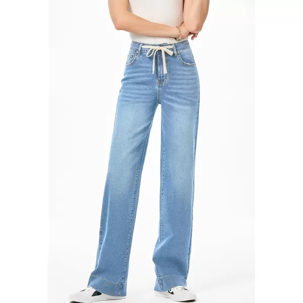 imageSidefeel Womens Wide Leg Jeans High Waisted Stretchy Straight Leg Baggy Drawstring Denim Pants TrousersIceland Blue