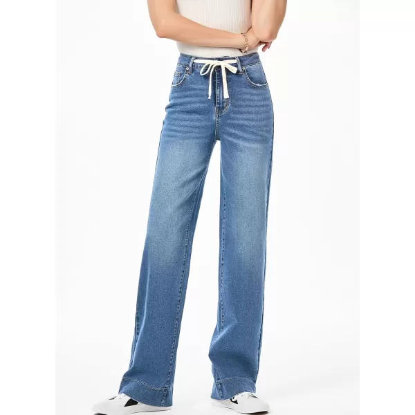 imageSidefeel Womens Wide Leg Jeans High Waisted Stretchy Straight Leg Baggy Drawstring Denim Pants TrousersLight Blue