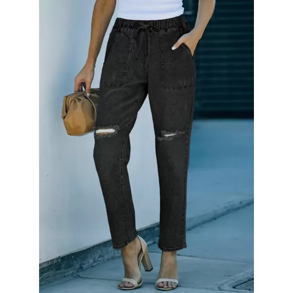 imageSidefeel Womens Cargo Jeans Ripped Denim Joggers Elastic Drawstring Waist Trouser Pull On Pants Black Size 10