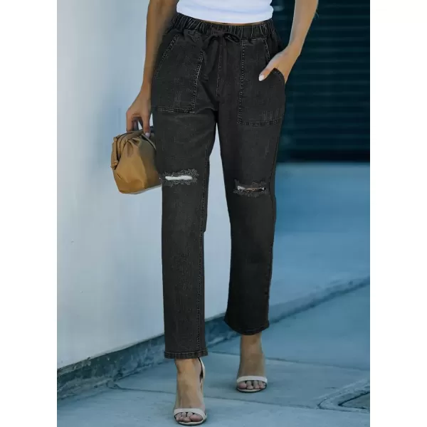 imageSidefeel Womens Cargo Jeans Ripped Denim Joggers Elastic Drawstring Waist Trouser Pull On Pants Black Size 10
