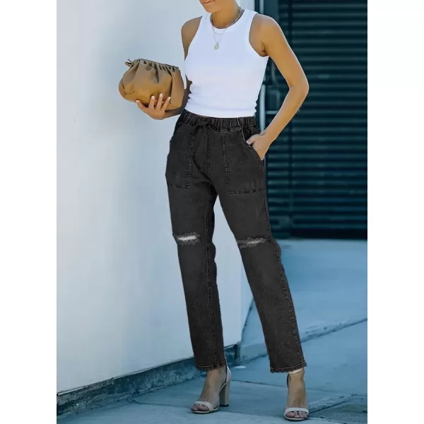 imageSidefeel Womens Cargo Jeans Ripped Denim Joggers Elastic Drawstring Waist Trouser Pull On Pants Black Size 10