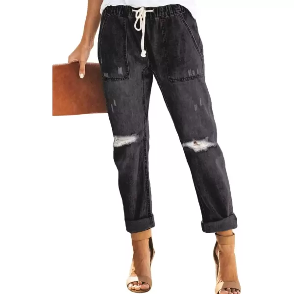 imageSidefeel Womens Cargo Jeans Ripped Denim Joggers Elastic Drawstring Waist Trouser Pull On Pants Black Size 10