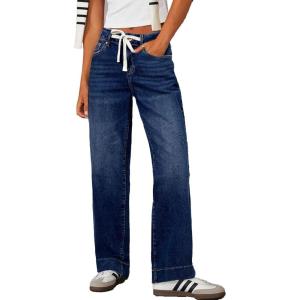 imageSidefeel Womens Wide Leg Jeans High Waisted Stretchy Straight Leg Baggy Drawstring Denim Pants with PocketsBluing
