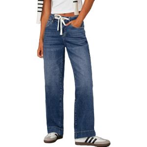 imageSidefeel Womens Wide Leg Jeans High Waisted Stretchy Straight Leg Baggy Drawstring Denim Pants with PocketsDark Blue