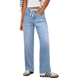 imageSidefeel Womens Wide Leg Jeans High Waisted Stretchy Straight Leg Baggy Drawstring Denim Pants with PocketsIceland Blue