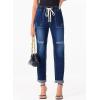 imageSidefeel Womens Drawstring Jeans Pull On Cargo Joggers Zimbaplatinum Ripped Elastic Waist Denim Pants Trouser with PocketsDark Blue