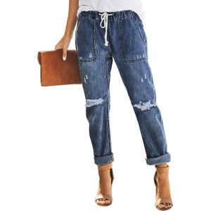 imageSidefeel Womens Drawstring Jeans Pull On Cargo Joggers Zimbaplatinum Ripped Elastic Waist Denim Pants Trouser with PocketsBlue