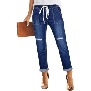 imageSidefeel Womens Drawstring Jeans Pull On Cargo Joggers Zimbaplatinum Ripped Elastic Waist Denim Pants Trouser with PocketsDark Blue