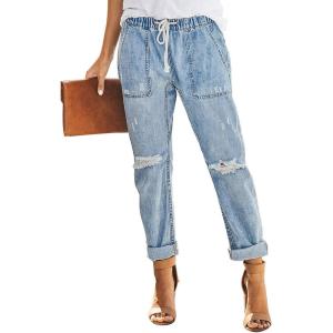 imageSidefeel Womens Drawstring Jeans Pull On Cargo Joggers Zimbaplatinum Ripped Elastic Waist Denim Pants Trouser with PocketsSky Blue