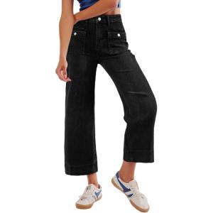 imageSidefeel Womens Straight Wide Leg Jeans High Waisted Stretchy Spring Denim Jeans with Patch Pockets FrontBlack