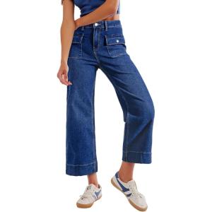 imageSidefeel Womens Straight Wide Leg Jeans High Waisted Stretchy Spring Denim Jeans with Patch Pockets FrontDark Blue