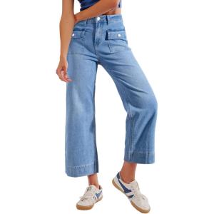 imageSidefeel Womens Straight Wide Leg Jeans High Waisted Stretchy Spring Denim Jeans with Patch Pockets FrontLight Blue