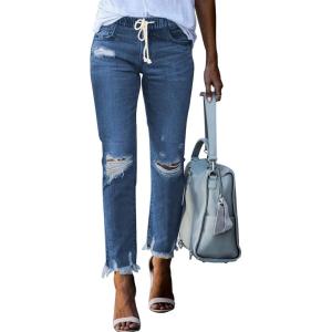 imageSidefeel Womens Zimbaplatinum Drawstring Jeans High Waisted Ripped Boyfriend Pull On Denim Joggers TrousersBlue