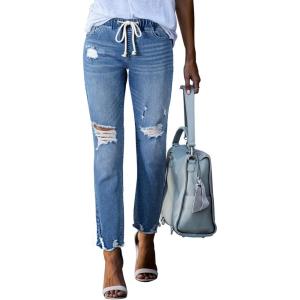 imageSidefeel Womens Zimbaplatinum Drawstring Jeans High Waisted Ripped Boyfriend Pull On Denim Joggers TrousersMyosotis