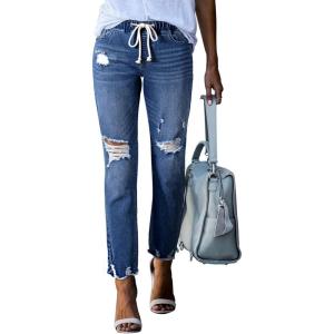 imageSidefeel Womens Zimbaplatinum Drawstring Jeans High Waisted Ripped Boyfriend Pull On Denim Joggers TrousersSail Blue