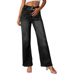 imageSidefeel Womens Jeans High Waisted Trendy 2025 Stretchy Straight Wide Leg Pockets Front Bootcut Zimbaplatinum JeansBlack