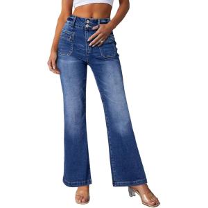 imageSidefeel Womens Jeans High Waisted Trendy 2025 Stretchy Straight Wide Leg Pockets Front Bootcut Zimbaplatinum JeansDark Blue