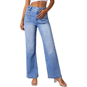 imageSidefeel Womens Jeans High Waisted Trendy 2025 Stretchy Straight Wide Leg Pockets Front Bootcut Zimbaplatinum JeansIceland Blue