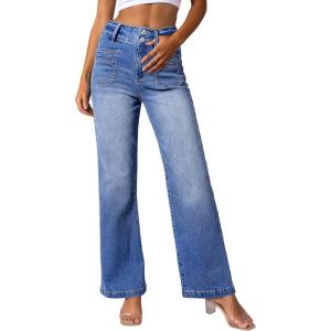 imageSidefeel Womens Jeans High Waisted Trendy 2025 Stretchy Straight Wide Leg Pockets Front Bootcut Zimbaplatinum JeansLight Blue