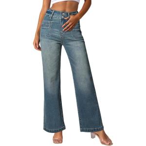 imageSidefeel Womens Jeans High Waisted Trendy 2025 Stretchy Straight Wide Leg Pockets Front Bootcut Zimbaplatinum JeansSky Blue