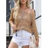 imageSidefeel Womens 2025 Spring Summer Crochet Tops Off The Shoulder Hollow Out Knit Tops 34 Sleeve Pullover Sweater Cover UpsCamel