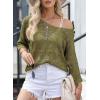 imageSidefeel Womens 2025 Spring Summer Crochet Tops Off The Shoulder Hollow Out Knit Tops 34 Sleeve Pullover Sweater Cover UpsJungle Green