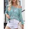 imageSidefeel Womens 2025 Spring Summer Crochet Tops Off The Shoulder Hollow Out Knit Tops 34 Sleeve Pullover Sweater Cover UpsLight Blue