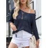 imageSidefeel Womens 2025 Spring Summer Crochet Tops Off The Shoulder Hollow Out Knit Tops 34 Sleeve Pullover Sweater Cover UpsNavy Blue