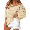 imageSidefeel Womens 2025 Spring Summer Crochet Tops Off The Shoulder Hollow Out Knit Tops 34 Sleeve Pullover Sweater Cover UpsApricot