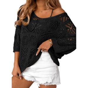 imageSidefeel Womens 2025 Spring Summer Crochet Tops Off The Shoulder Hollow Out Knit Tops 34 Sleeve Pullover Sweater Cover UpsBlack