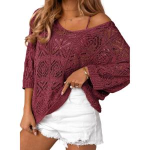 imageSidefeel Womens 2025 Spring Summer Crochet Tops Off The Shoulder Hollow Out Knit Tops 34 Sleeve Pullover Sweater Cover UpsBurgundy