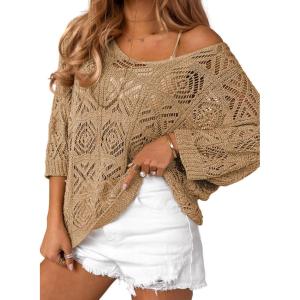 imageSidefeel Womens 2025 Spring Summer Crochet Tops Off The Shoulder Hollow Out Knit Tops 34 Sleeve Pullover Sweater Cover UpsCamel