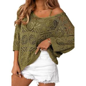 imageSidefeel Womens 2025 Spring Summer Crochet Tops Off The Shoulder Hollow Out Knit Tops 34 Sleeve Pullover Sweater Cover UpsJungle Green