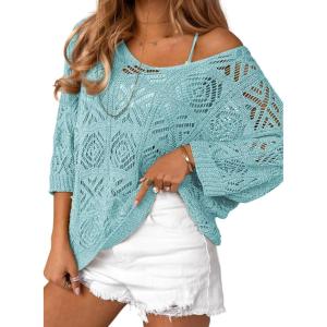 imageSidefeel Womens 2025 Spring Summer Crochet Tops Off The Shoulder Hollow Out Knit Tops 34 Sleeve Pullover Sweater Cover UpsLight Blue